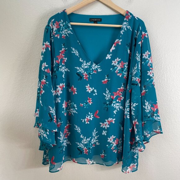 Lane Bryant Womens Plus 22/24 Teal Floral V Neck Flowy Blouse Bell Sleeves Top - Picture 7 of 10